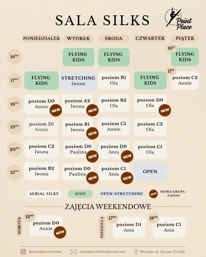 grafik zajęć aerial silks (szarfy), zajęcia na poziomie podstawowym, średniozaawansowanym i zaawansowanym