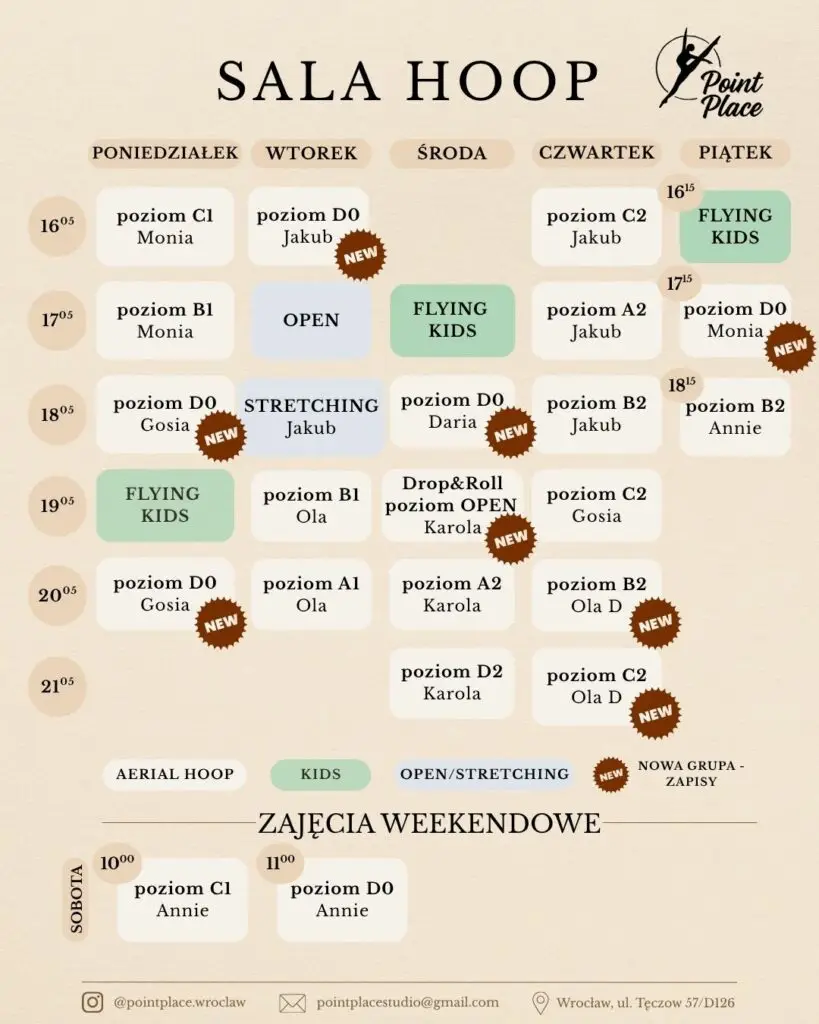 grafik na zajęcia aerial hoop, sretching oraz open, grupy początkujące, średniozaawansowane oraz zaawansowane